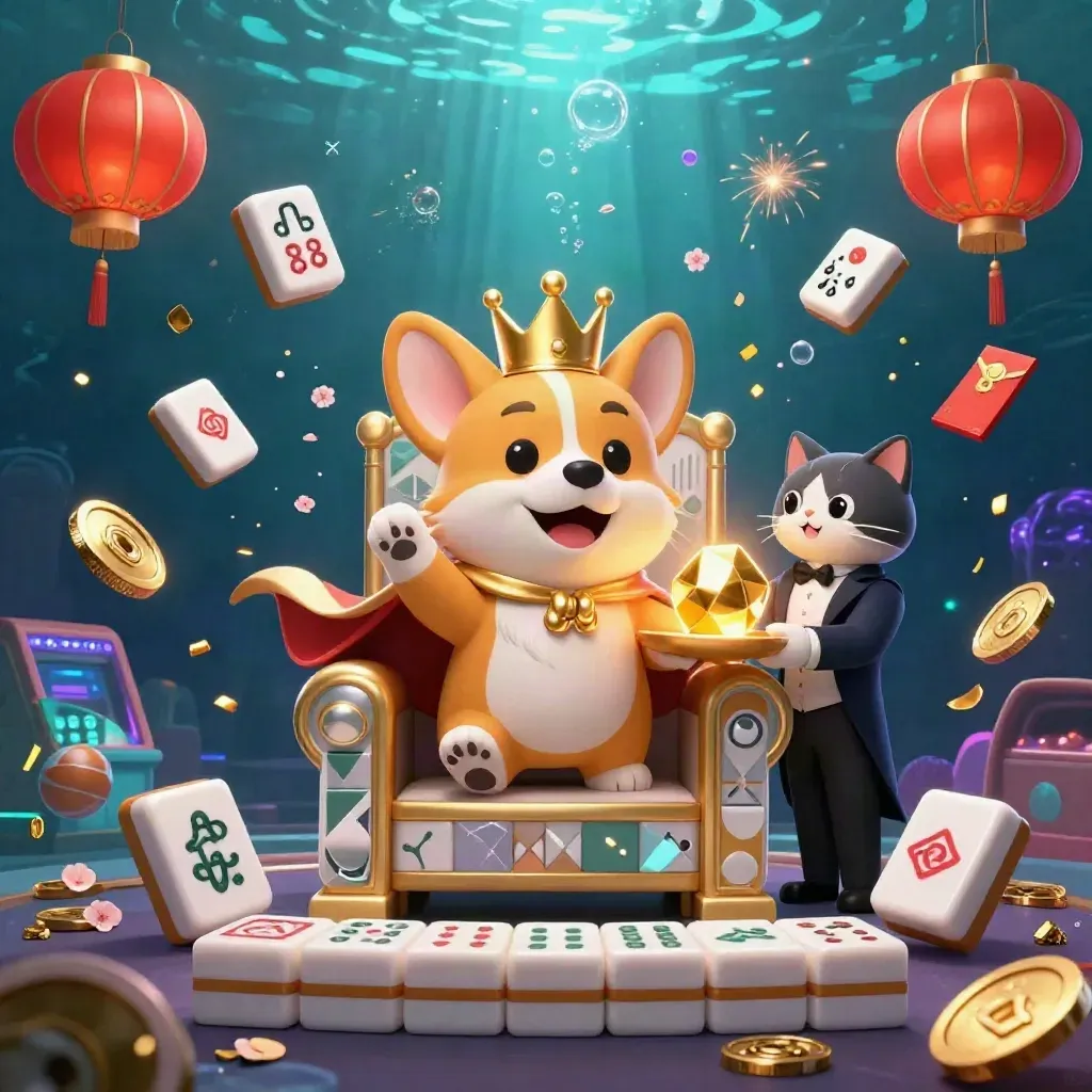 Royal corgi and cat butler amid glowing casino loot underwater