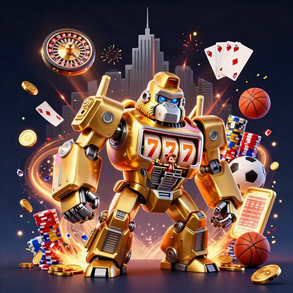 Golden slot-machine gorilla mech with coins, roulette wheel, cards, chips and a tiny monkey pilot.