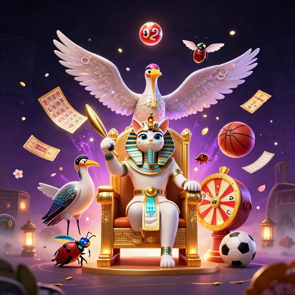Pharaoh cat and ibis on a golden throne amid lottery balls, casino tokens, and purple magic.