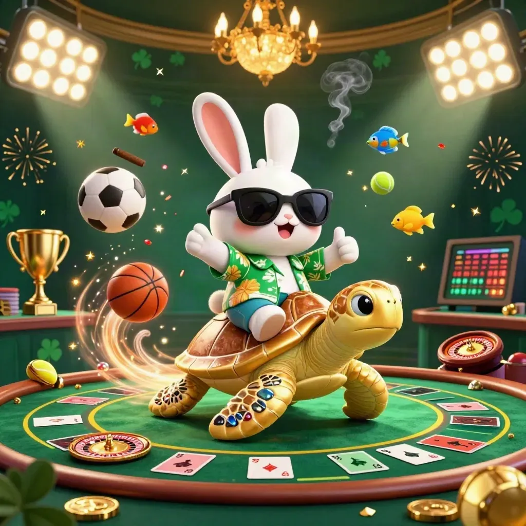 Lucky rabbit on a golden sea turtle amid casino lights, sports balls, coins, fireworks and roulette glamour.
