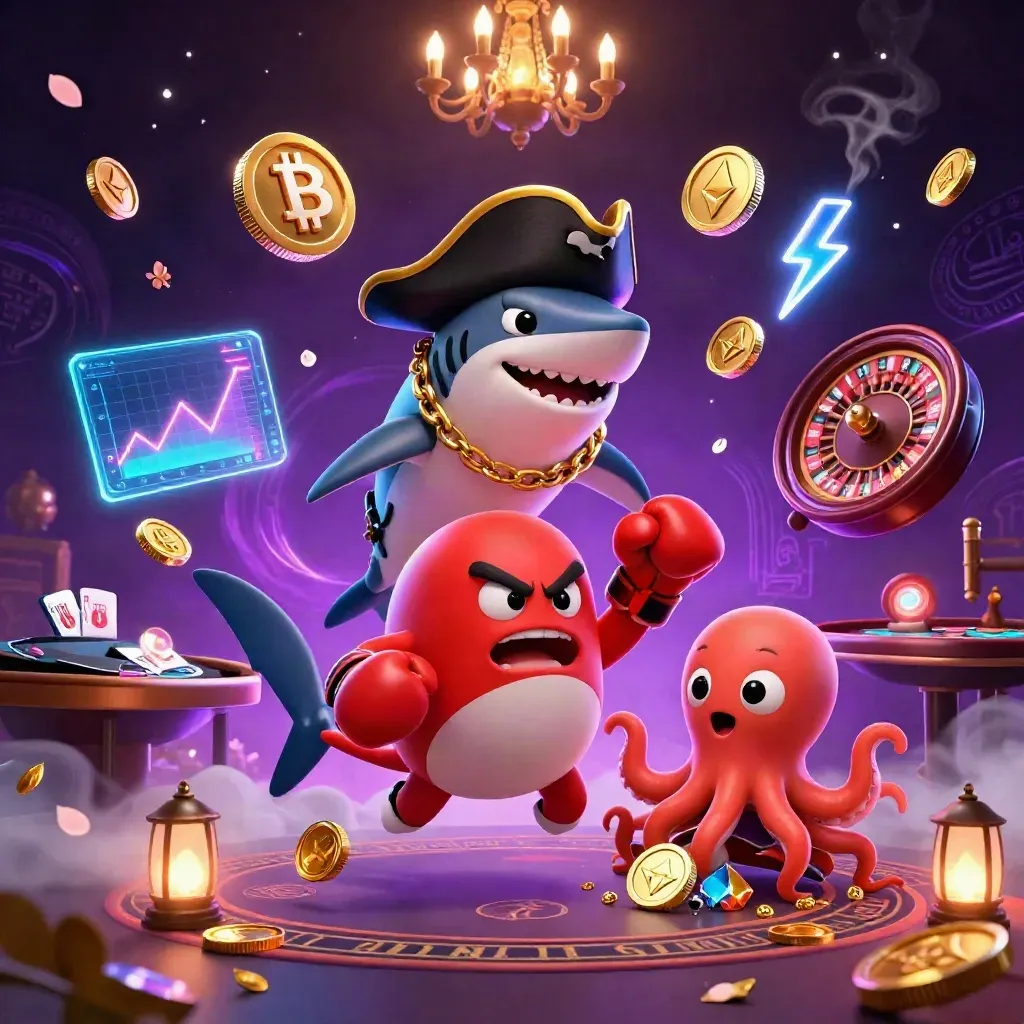 Shark pirate, pufferfish, and octopus amid neon casino magic and spinning roulette.