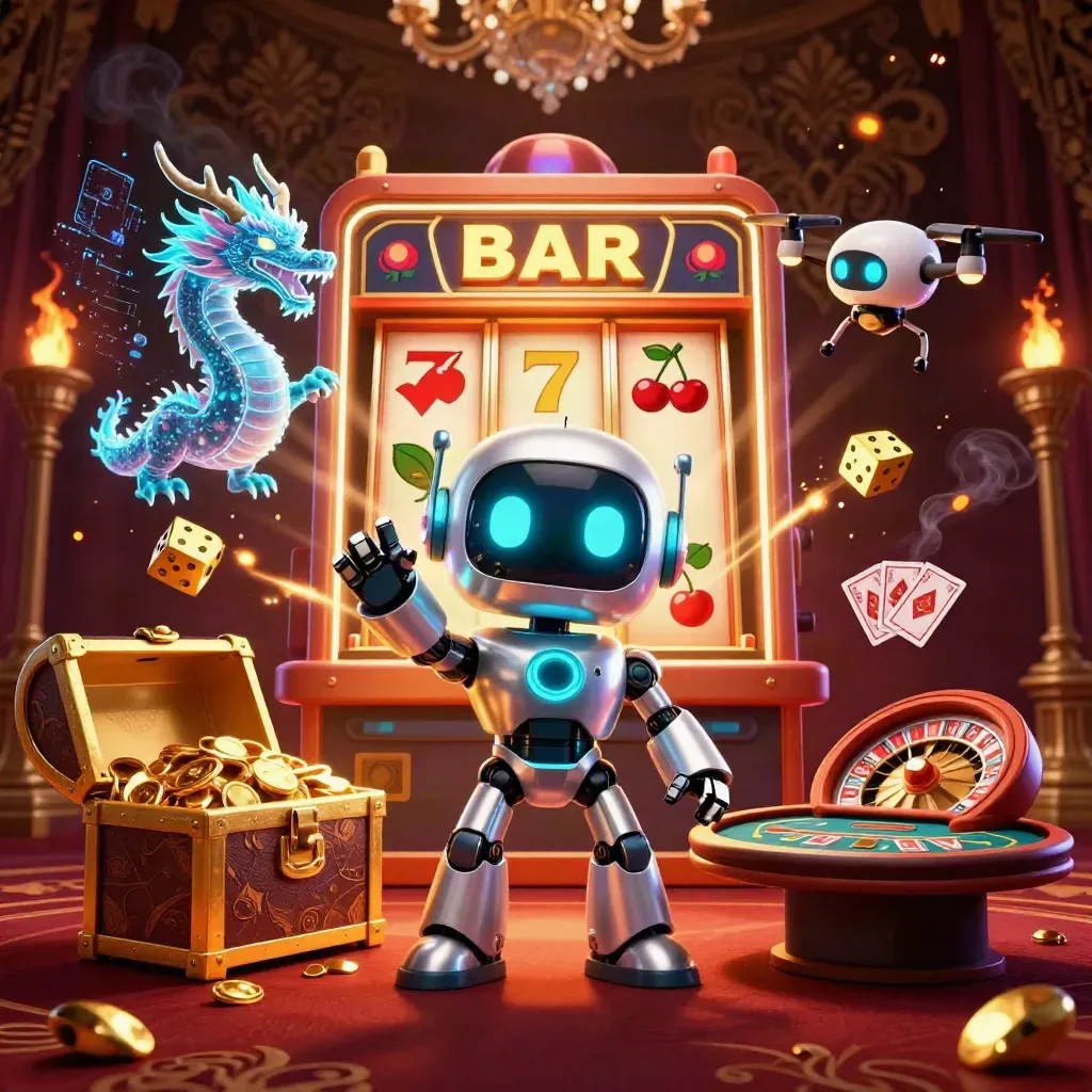 Cyberpunk robot, hologram dragon and coin drone amid slot machine, roulette wheel and gold