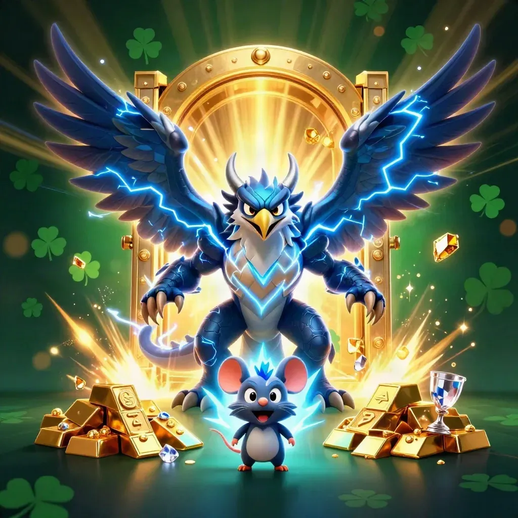 Thunder dragon, wind hawk, and mouse bursting from a vault with gold and gems