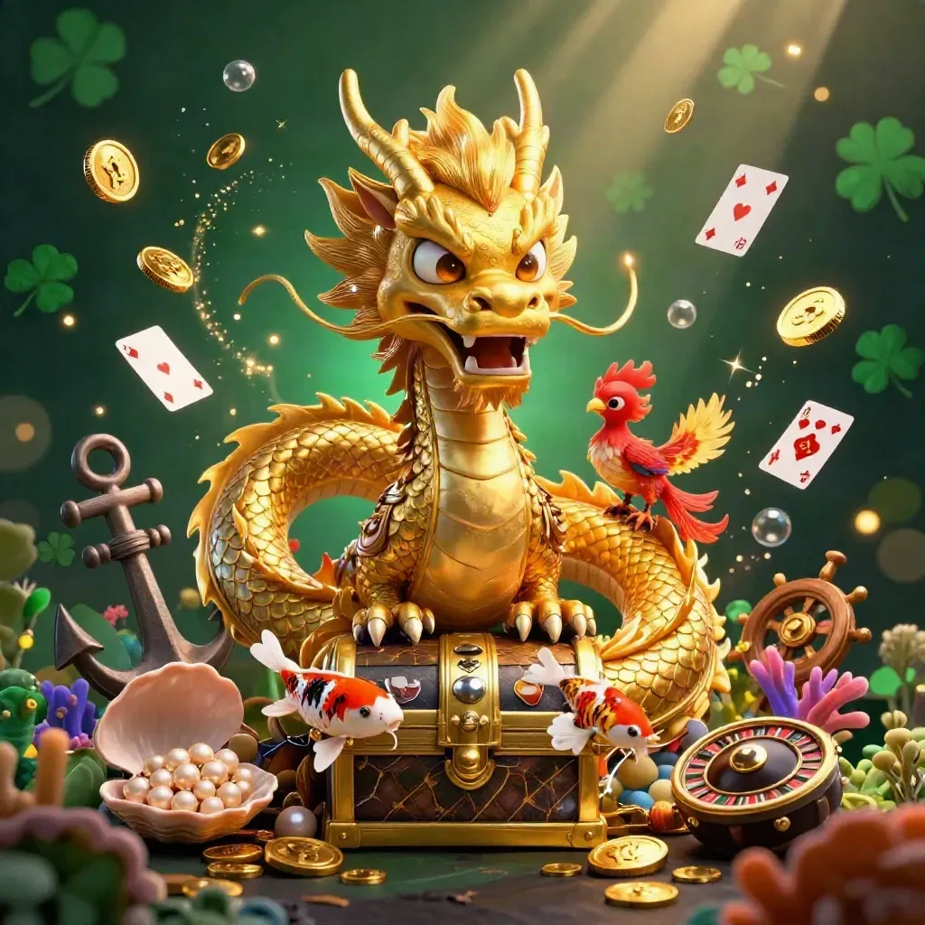 Golden dragon, phoenix, koi, and treasure burst in a premium casino fantasy scene.