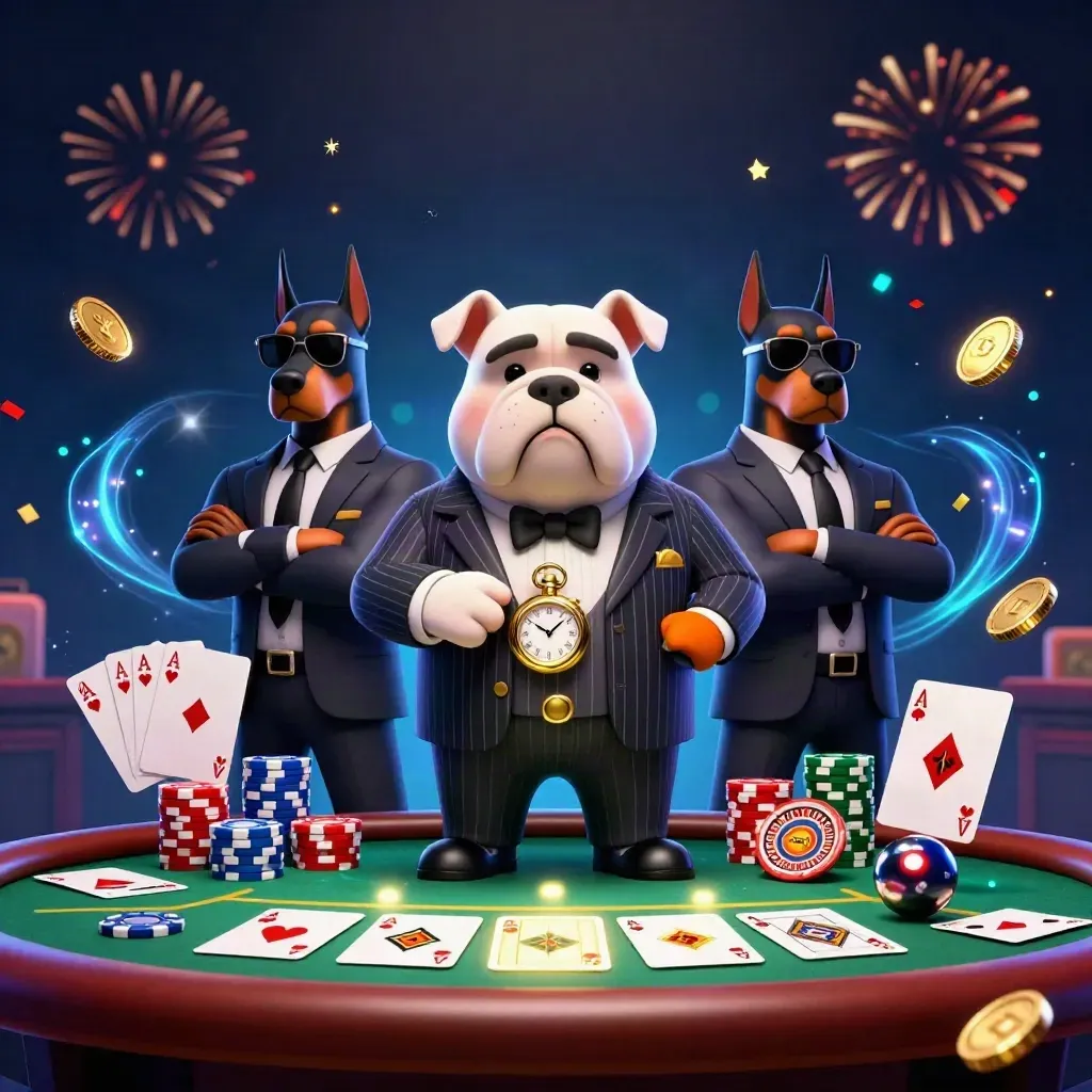 Bulldog mafia boss with Doberman guards amid poker chips, coins, and fireworks in a navy casino burst.