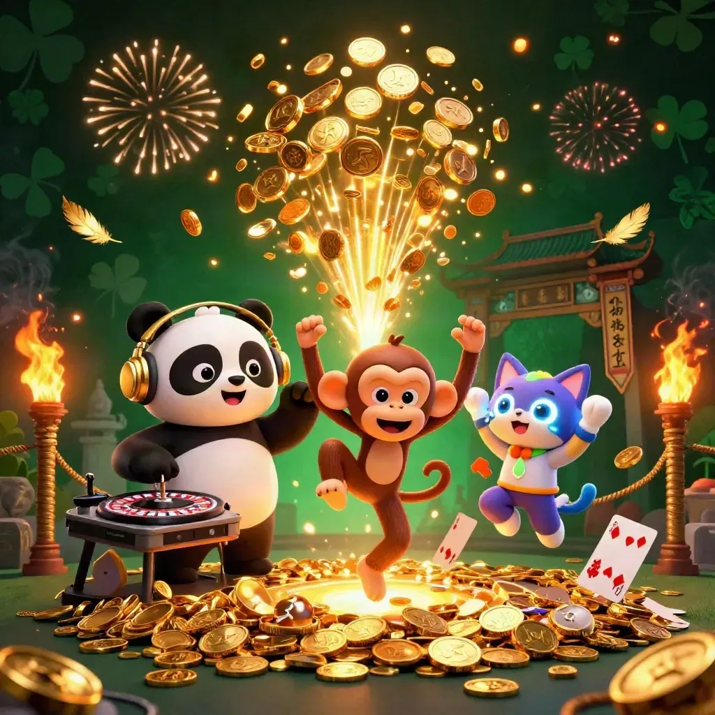 DJ panda, dancing monkey, and glow-stick kitten amid coins, fireworks, and a casino vault burst.