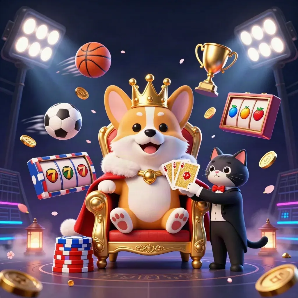 Royal corgi and cat butler on poker-chip throne amid sports balls, coins, reels and neon casino effects