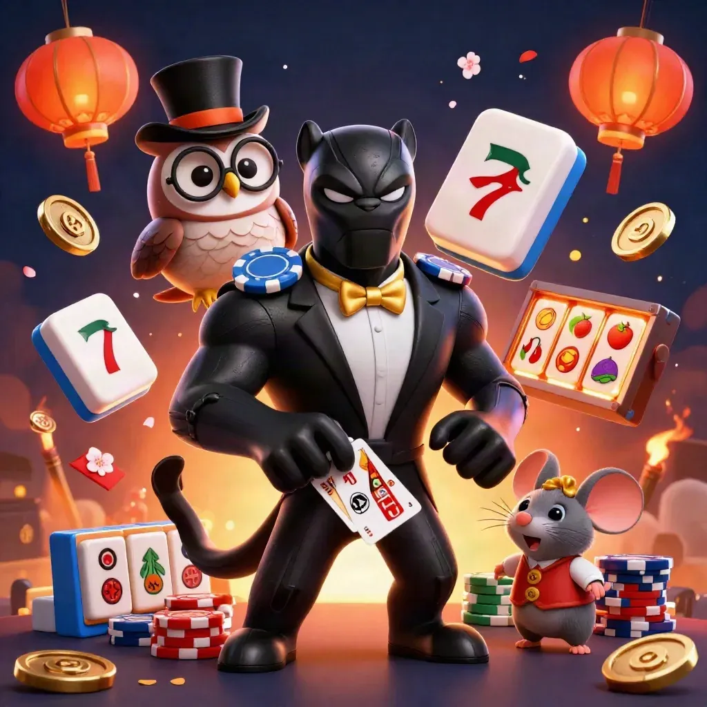 Panther, owl and mouse in casino action amid reels, coins, lanterns and ember glow
