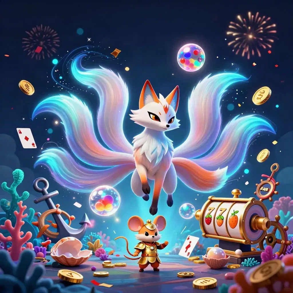 Fox spirit and samurai mouse amid coins, coral, cards, reels, and glowing casino effects.