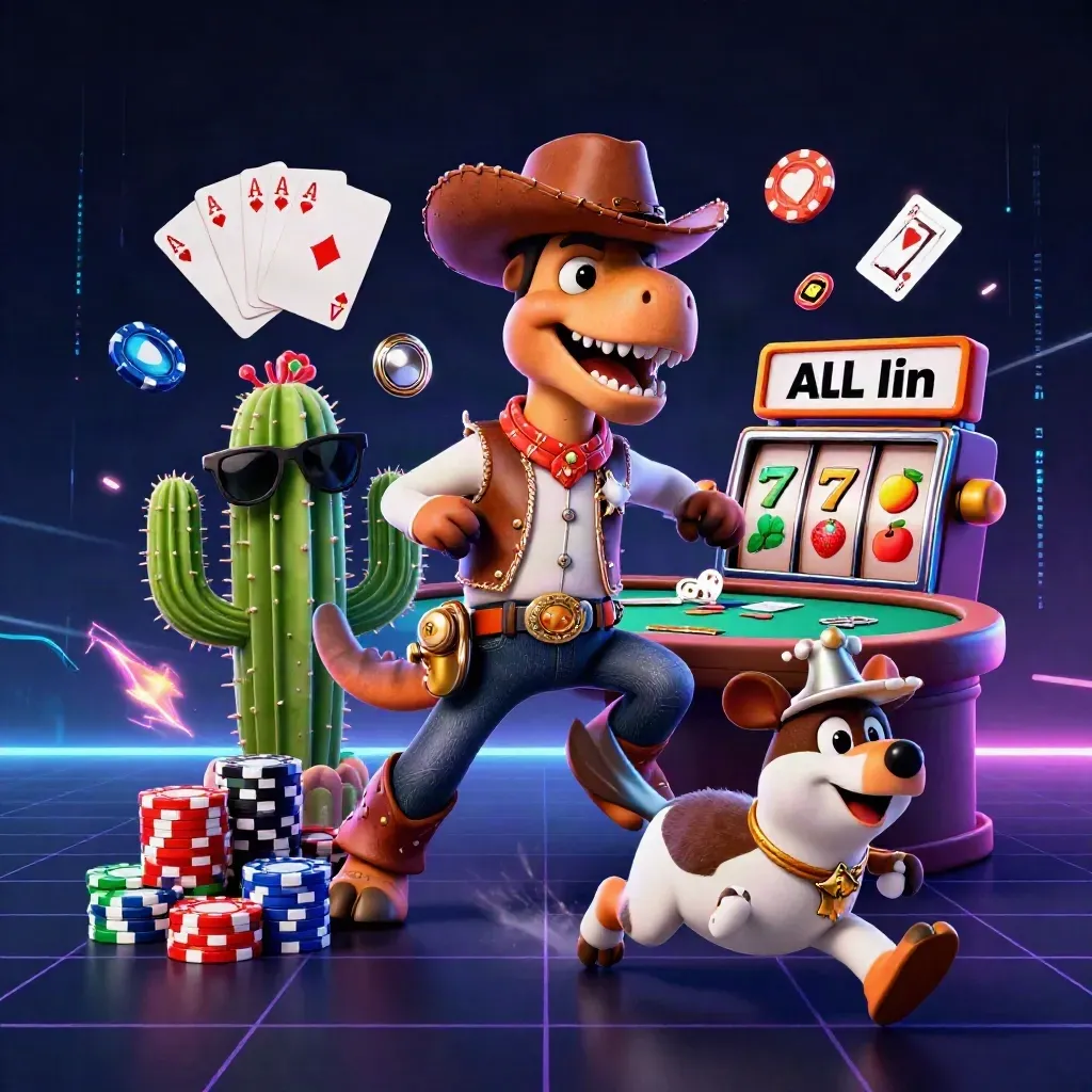 Cowboy T-Rex, cactus sidekick, and roadrunner amid neon poker chaos on a dark casino tile.