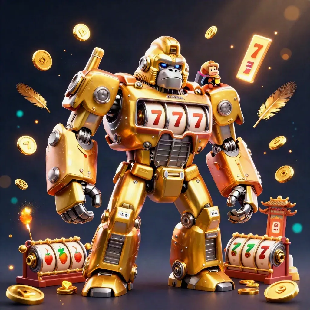 Golden gorilla slot mech with monkey pilot, reels, coins, temple gate and torch ring on navy glow.